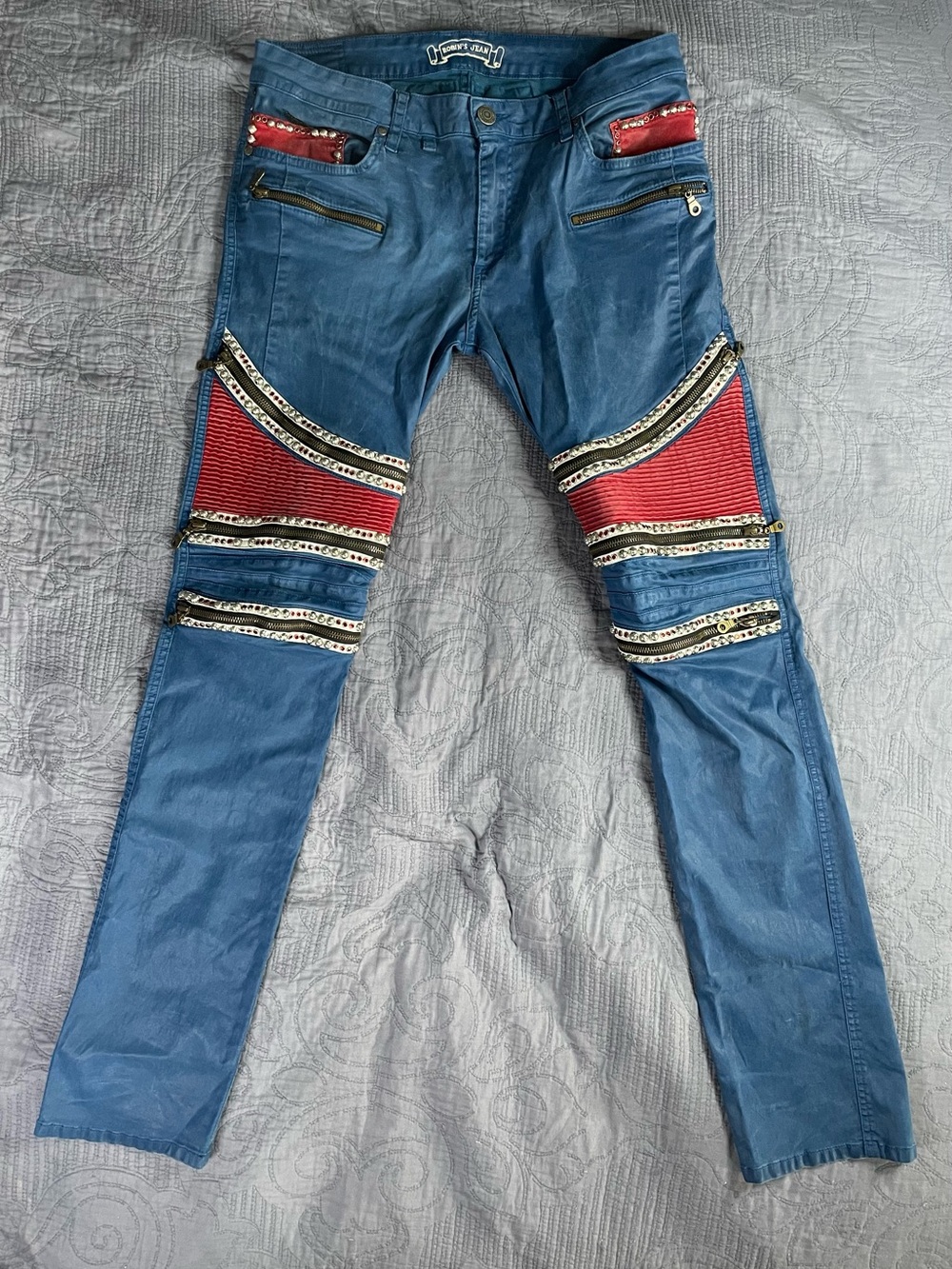 Robin’s Jean The Show Mens Blue Red  Biker Moto Zipper Studded Jeans Size: 34/33